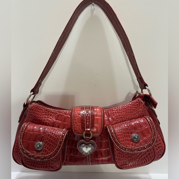 VTG Red Genuine Leather Croc Embossed Shoulder Bag Heart Charm Satchel Purse - Picture 1 of 9